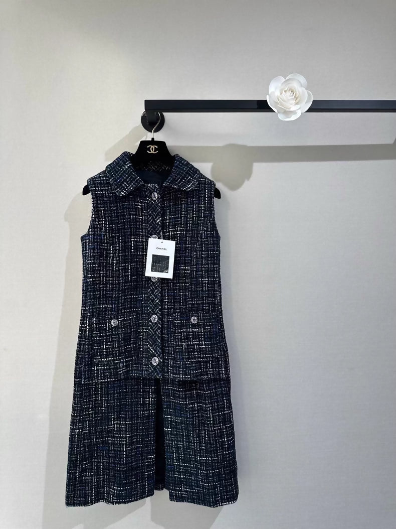 Chanel 22A blue and black tweed dress