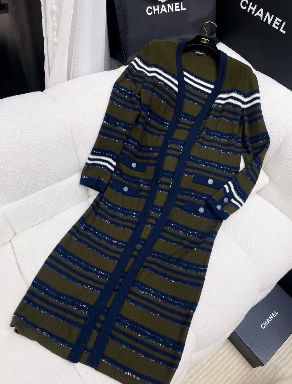 Chanel 20A dark green and blue knitted striped long cardigan