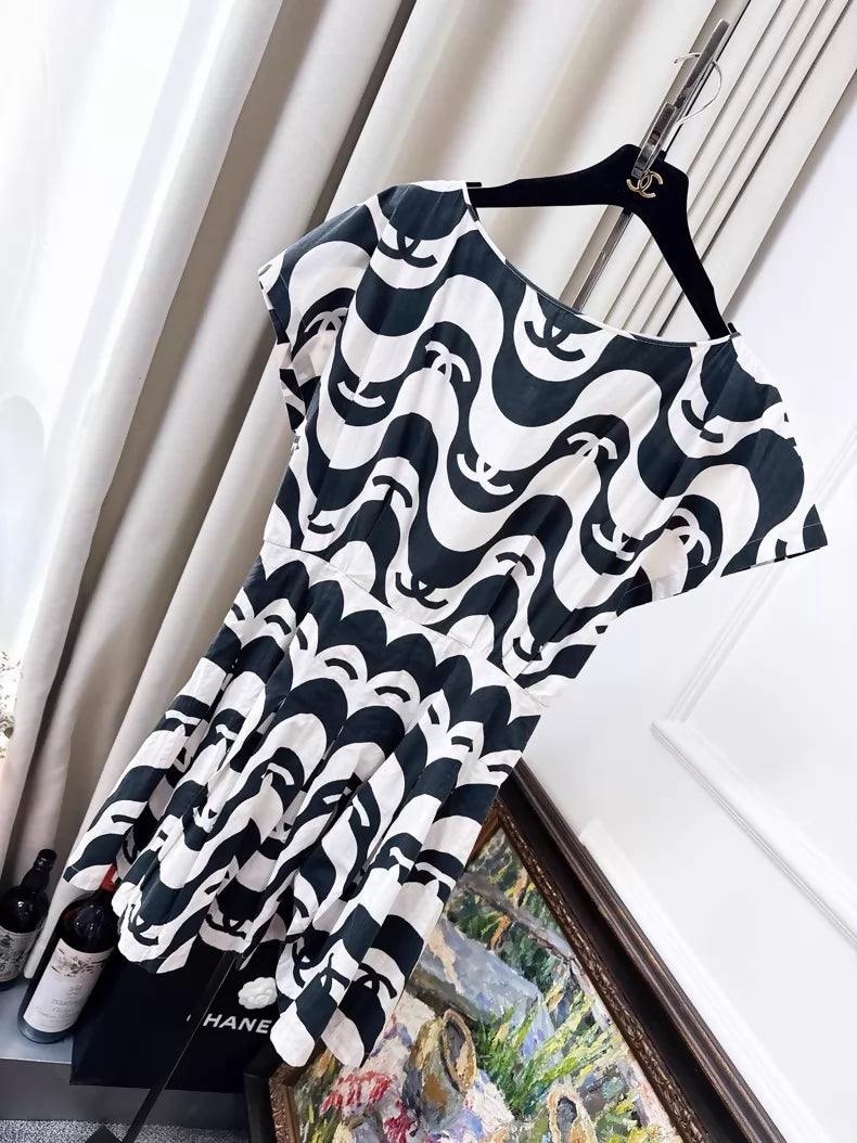 Chanel 21p black and white off-the-shoulder dress