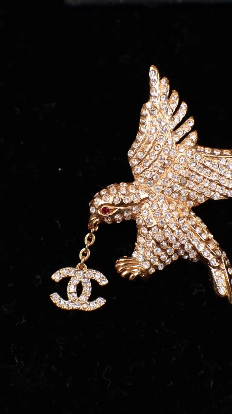 Chanel 2001 Gold Rhinestone Eagle Brooch