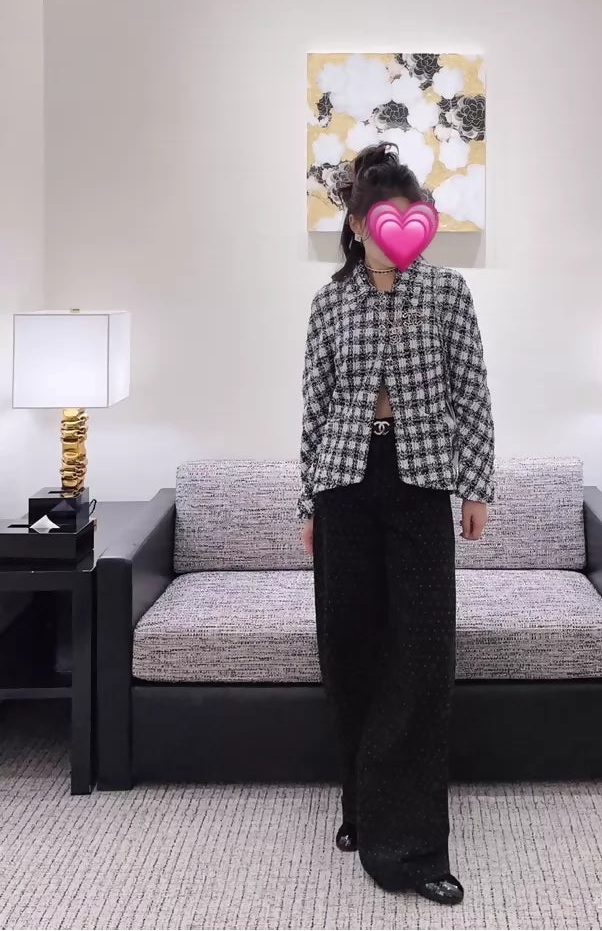 Chanel 23P black, white and blue checkered woven jacket