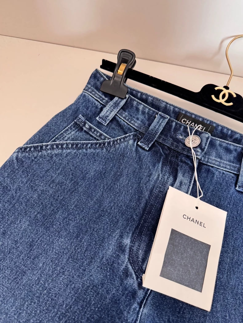 Chanel 26P Dark Straight-Leg Jeans with Large Double C Logo