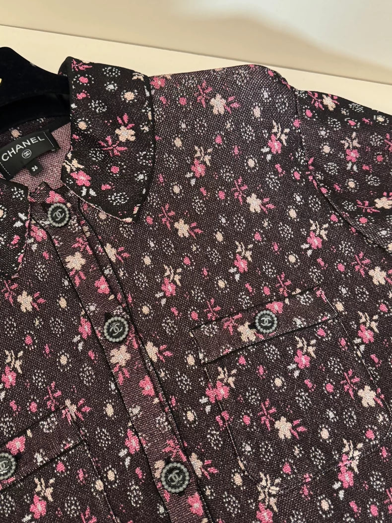 Chanel 24B Burgundy Floral Knit Cardigan