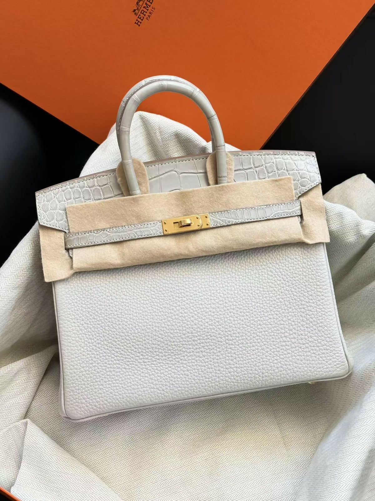 Hermès Birkin 25 Touch Gris Perle / Pearl Grey Matte Crocodile & Togo Leather