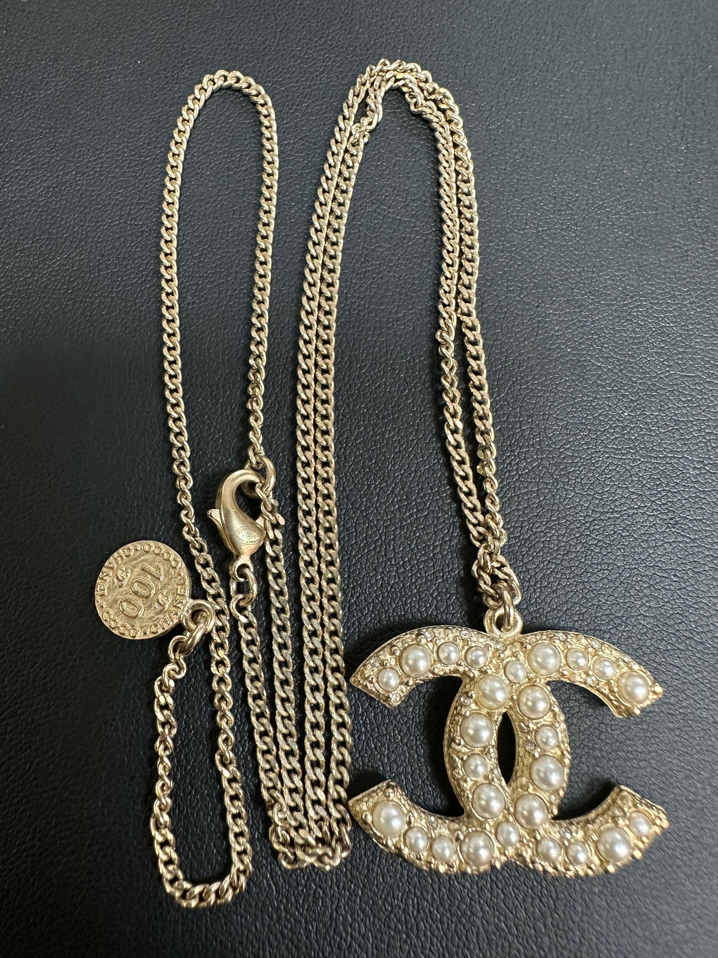 Chanel 100 Anniversary Rhinestone Imitation Pearl Gold Tone CC Pendant Necklace