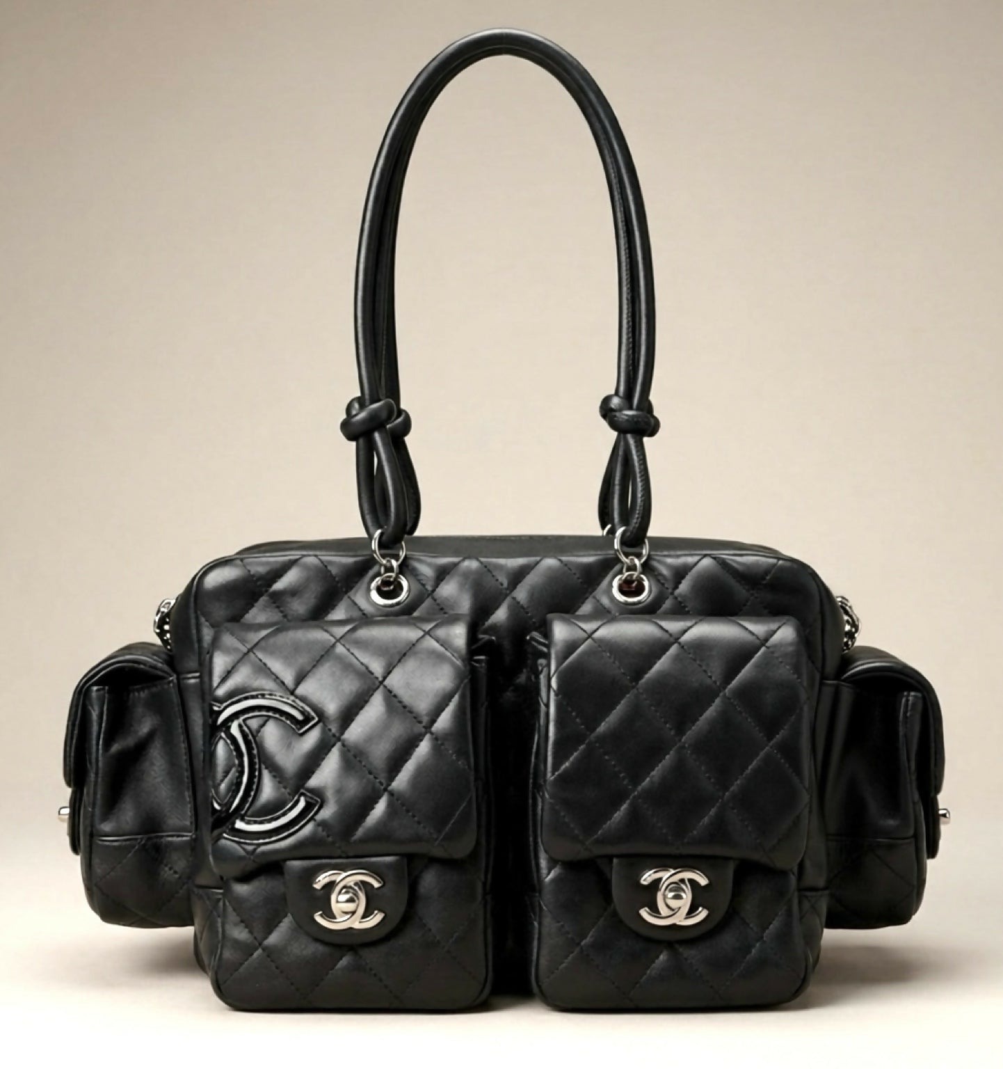 Chanel 2005 Small Cambon Reporter Black Lambskin Handbag SHW