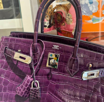 Hermes Birkin 30 Amethyst Shiny Crocodile Alligator Palladium Hardware Handbag