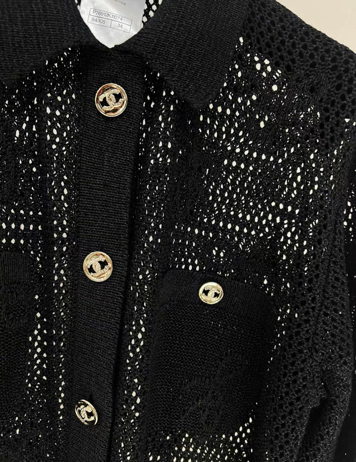 Chanel 24P black bow patchwork diamond CC button cardigan