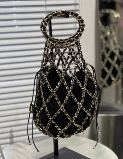 CHANEL 2021 RUNWAY BLACK VELVET DRAWSTRING BAG WITH GOLD HARDWARE