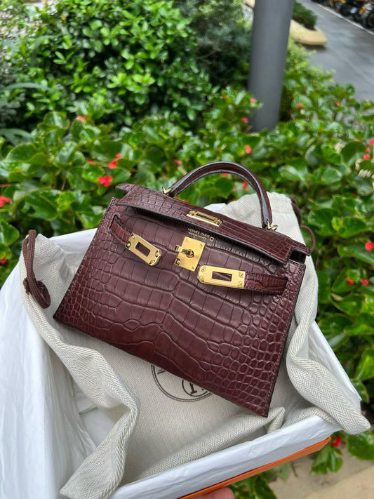 Hermes Mini Kelly 20 Havana Matte Alligator Leather Gold Hardware