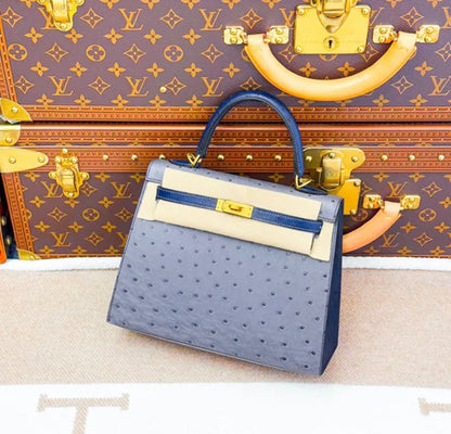 Hermes Kelly 25 Gris Agate/Bleu Iris HSS Ostrich Leather Gold Hardware