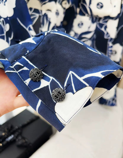 Chanel 22B Blue White Camellia Silk Shirt