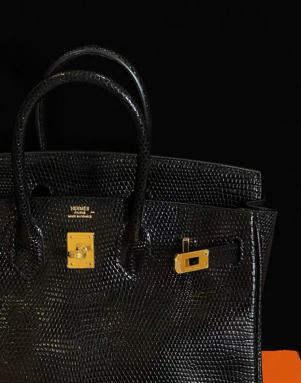 HERMÈS BIRKIN 25 SELLIER BLACK SHINY LIZARD GOLD HARDWARE