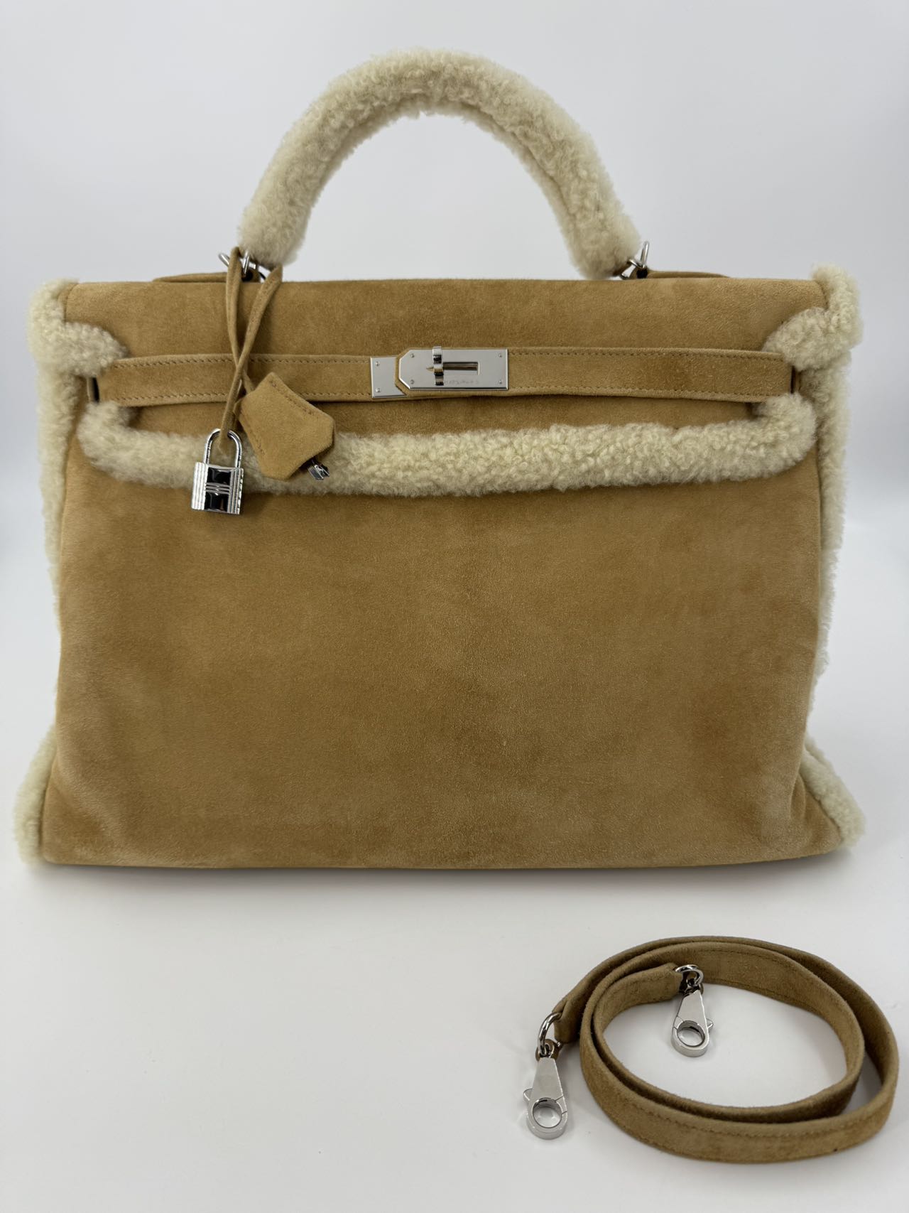Hermes Kelly 40 Veau Doblis Suede Shearling Teddy Palladium Hardware