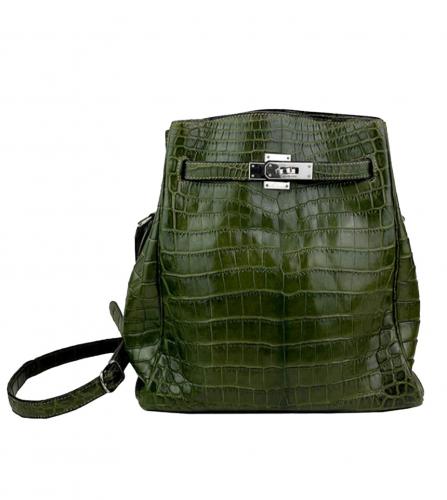 Hermes kelly sport green crocodile leather palladium hardware backpack