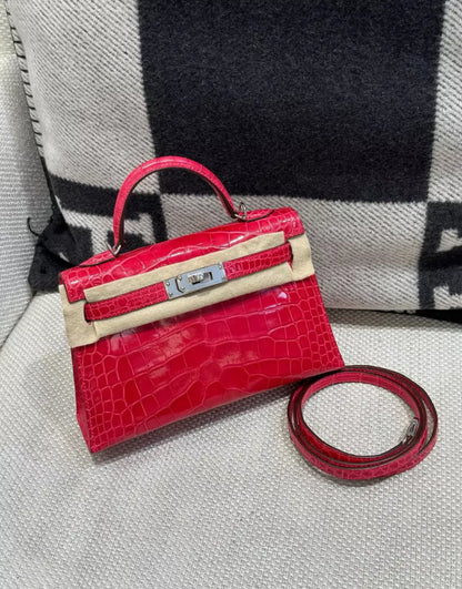 Hermès Mini Kelly Red Braise Shiny Alligator Palladium Hardware