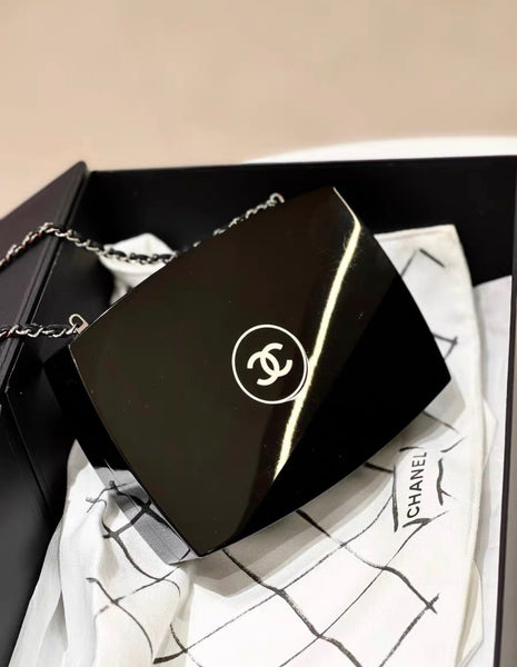Chanel CC Logo Plexiglass Black Makeup Compact Minaudière Chain