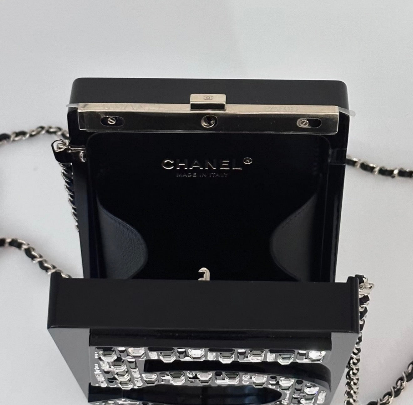 CHANEL Black Resin No. 5 Perfume Bottle Box Bag Minaudières