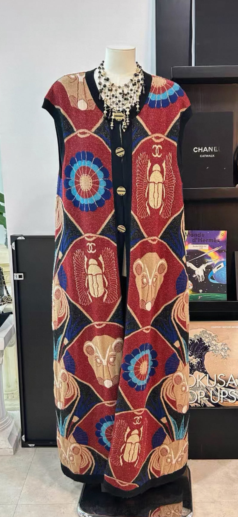 Chanel 19A Red 
Blue Cashmere Cardigan