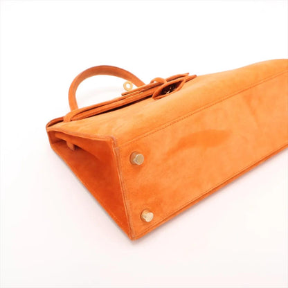 Hermes Kelly 25 Orange Doblis Suede Leather Gold Hardware