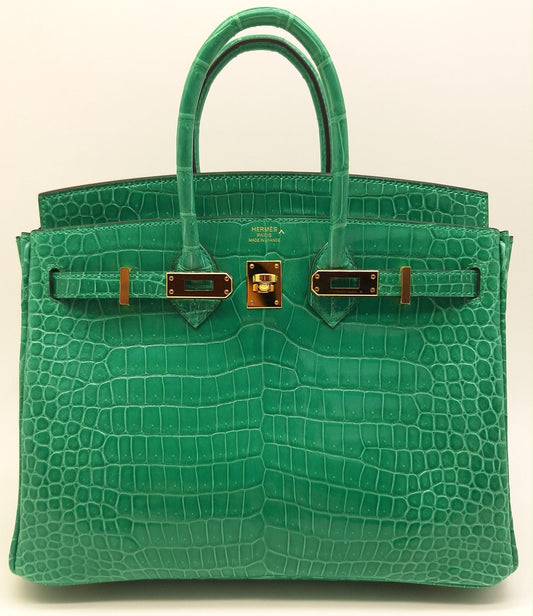 Hermes Birkin 25 vert jade shiny porosus crocodile leather gold hardware