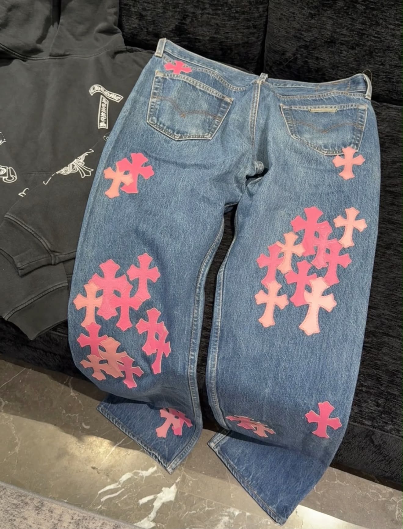 Chrome Hearts Pink Cross Patch Fleur Knee Pants blue denim jeans / 36