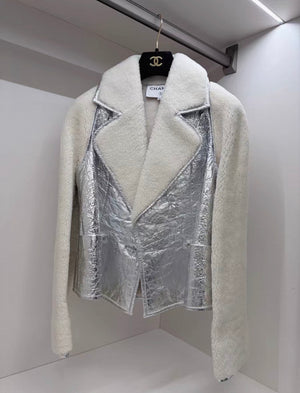 Chanel 17K White Silver Lambswool Coat