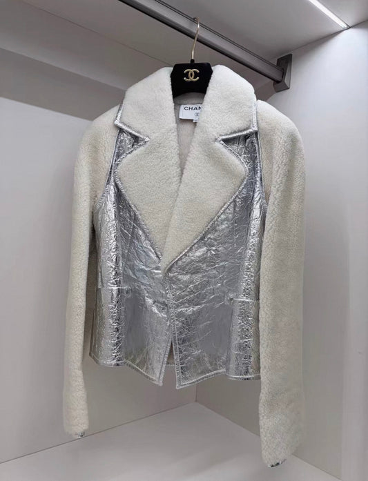 Chanel 17K White Silver Lambswool Coat