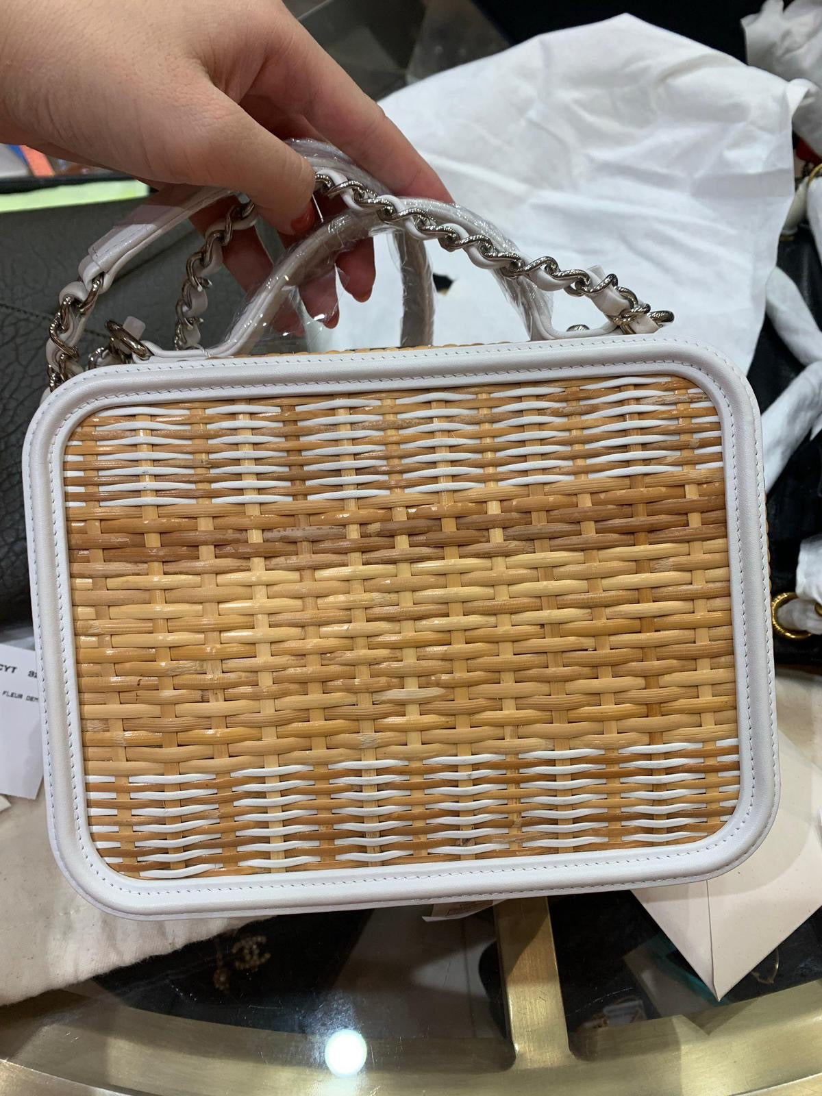 Chanel Vanity Case Beige & White, Rattan, Patent Calfskin & Silver-Tone Metal
