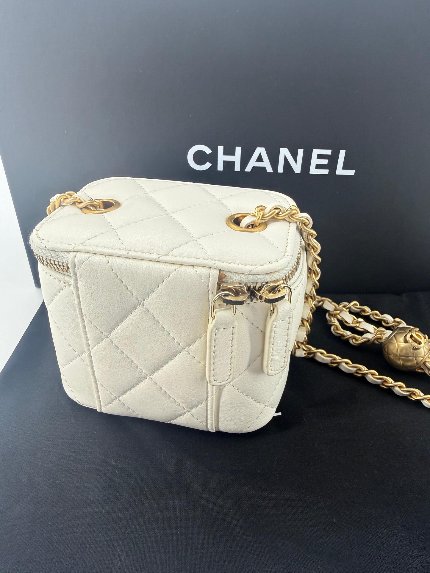 Chanel ecru mini vanity case gold chain hardware