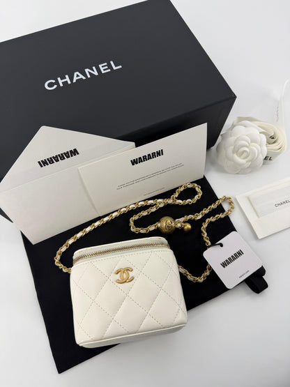 Chanel ecru mini vanity case gold chain hardware