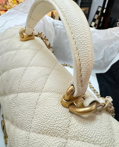 Chanel 21S White / Ivory Caviar Quilted Mini Top Handle Aged Gold Hardware