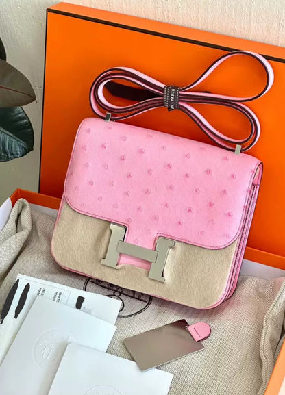 Hermes Constance mini Mirror Rose bubblegum Ostrich leather Palladium hardware