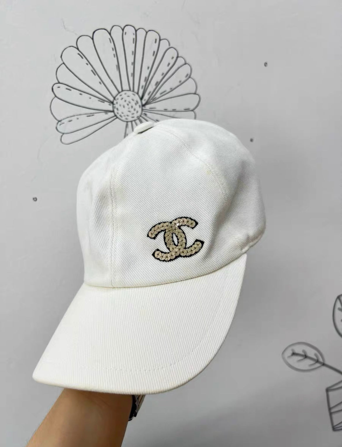 CHANEL Cotton Sequin CC Cap Hat Ivory