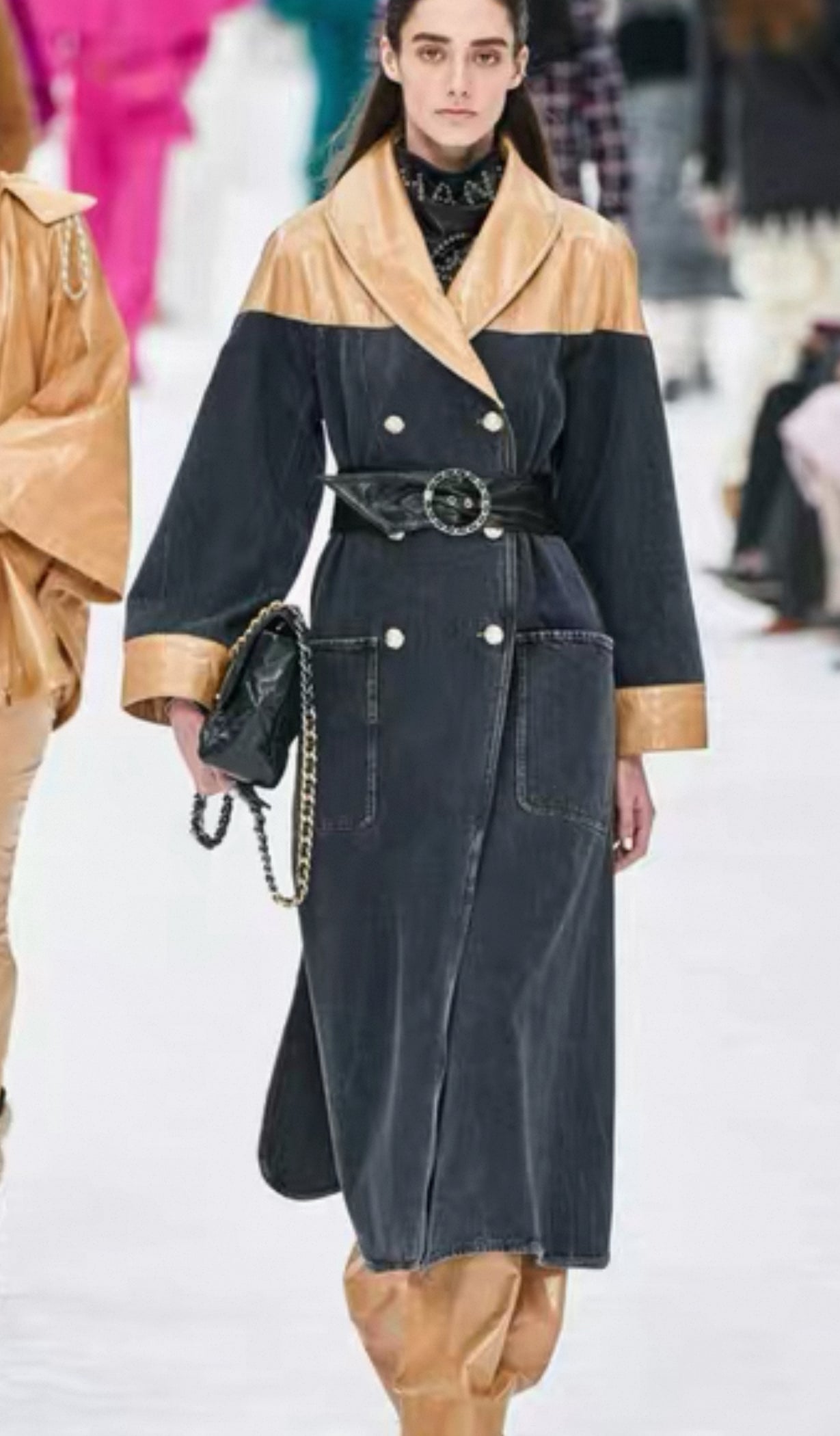Chanel 19K Brown leather & denim trench coat