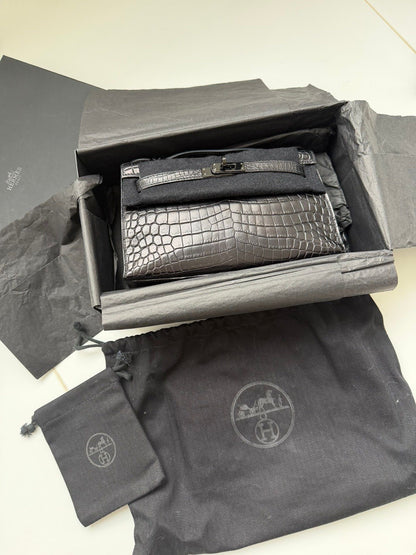 Hermes Kelly Pochette So Black Noir Matte Crocodile Leather