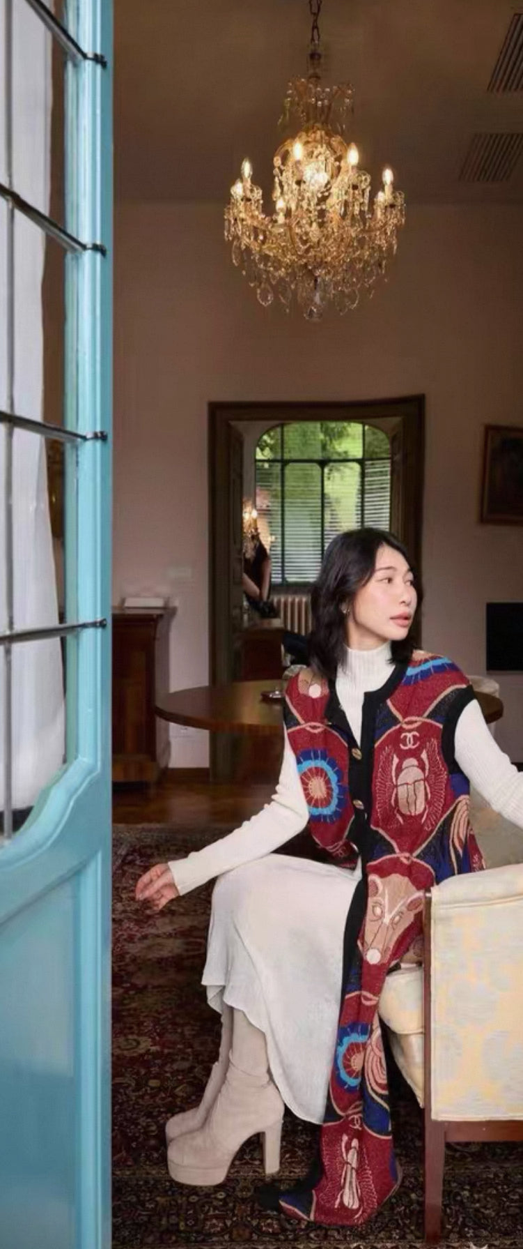 Chanel 19A Red 
Blue Cashmere Cardigan