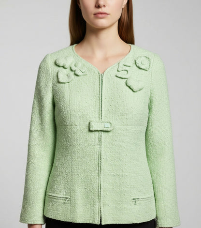 Chanel 04C Mint Green Tweed Boucle Zippered Appliqués Jacket FR 42