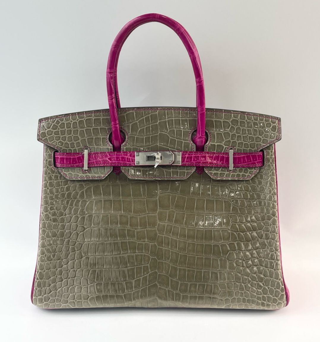 Hermes Birkin 30 Gris Tourterelle and Rose Scheherazade Shiny Porosus crocodile leather palladium hardware