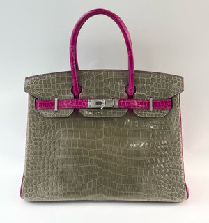 Hermes Birkin 30 Gris Tourterelle and Rose Scheherazade Shiny Porosus crocodile leather palladium hardware