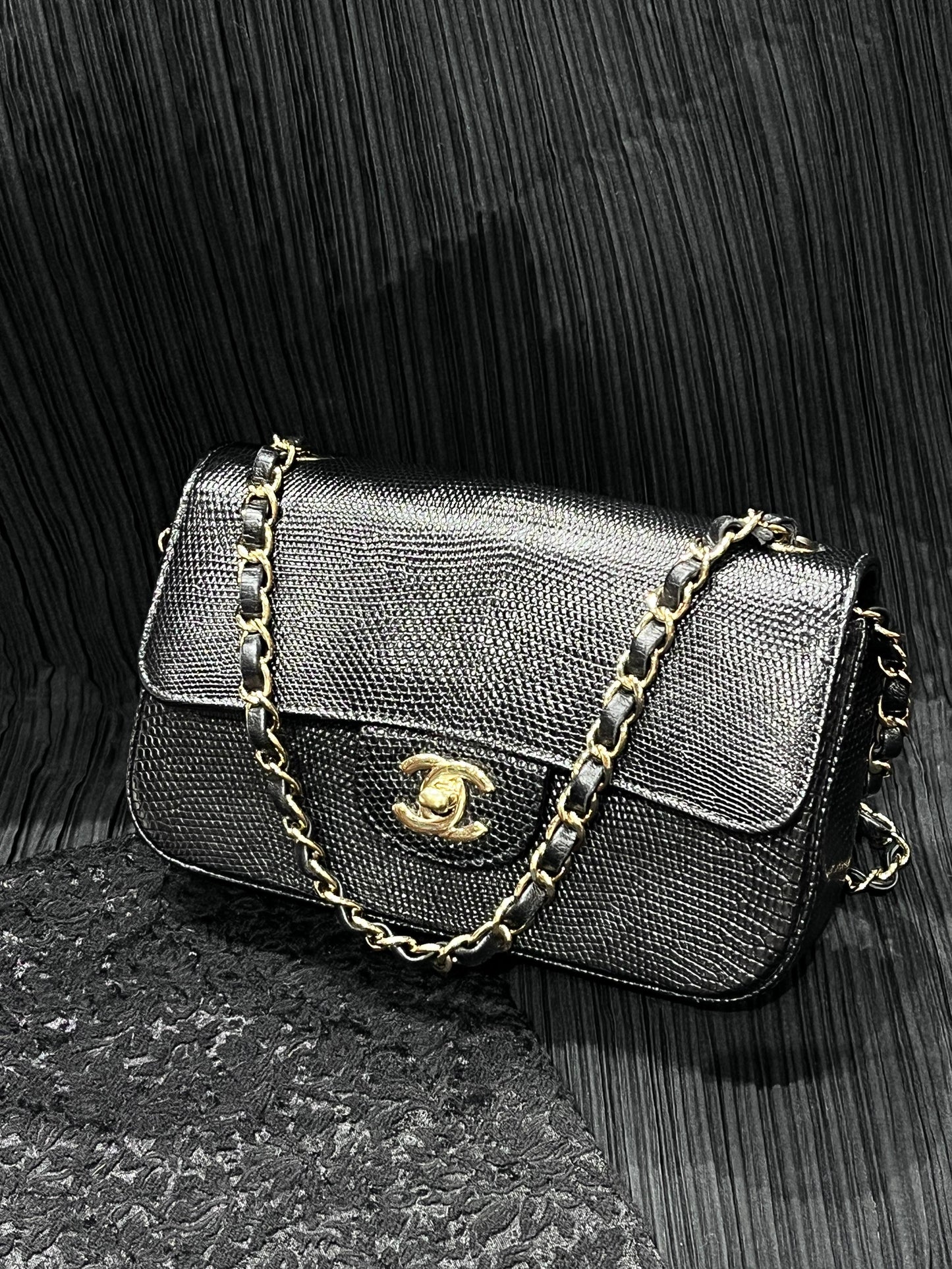Chanel black lizard medium flap gold hardware
