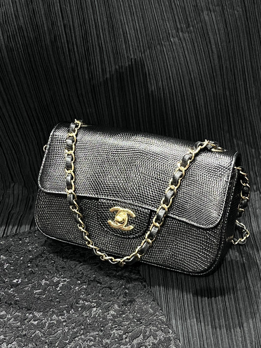 Chanel black lizard medium flap gold hardware
