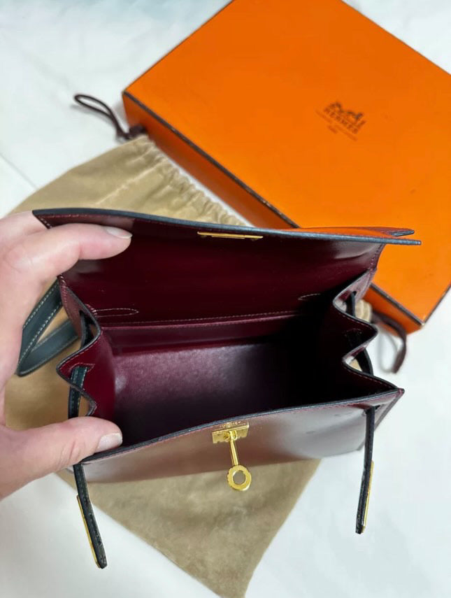 HERMES 80s KELLY 20 two Color’s Burgundy & Black Box Calf leather