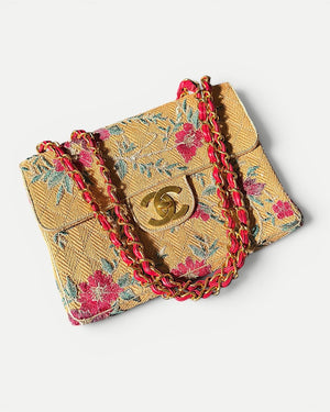 Chanel 1995 Raffia Jumbo flap bag with Red/Green/Gold embroidery and gold hardware red leather chain
