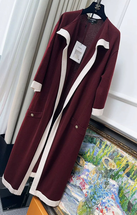 Chanel 2016 Burgundy & Ecru Cashmere Coat