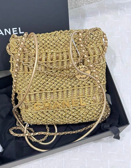 Chanel Mini 22 Bag Gold Macrame Calfskin Gold Hardware