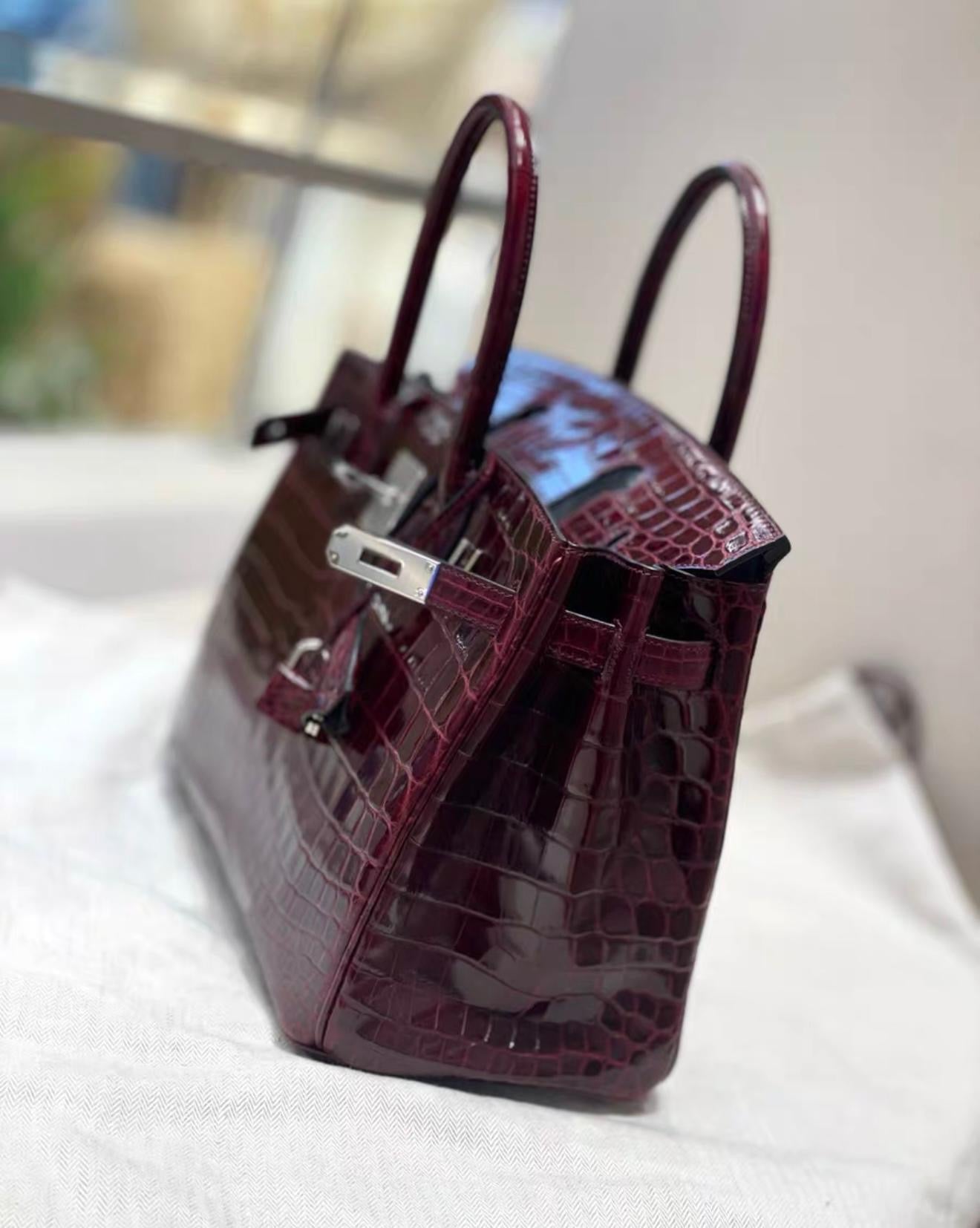 Hermes Birkin 30 Bordeaux Shiny Crocodile Leather Palladium Hardware