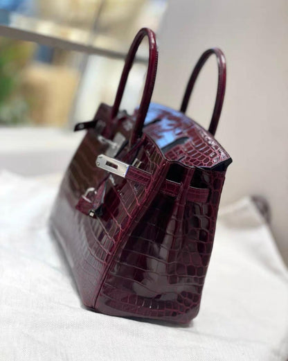 Hermes Birkin 30 Bordeaux Shiny Crocodile Leather Palladium Hardware