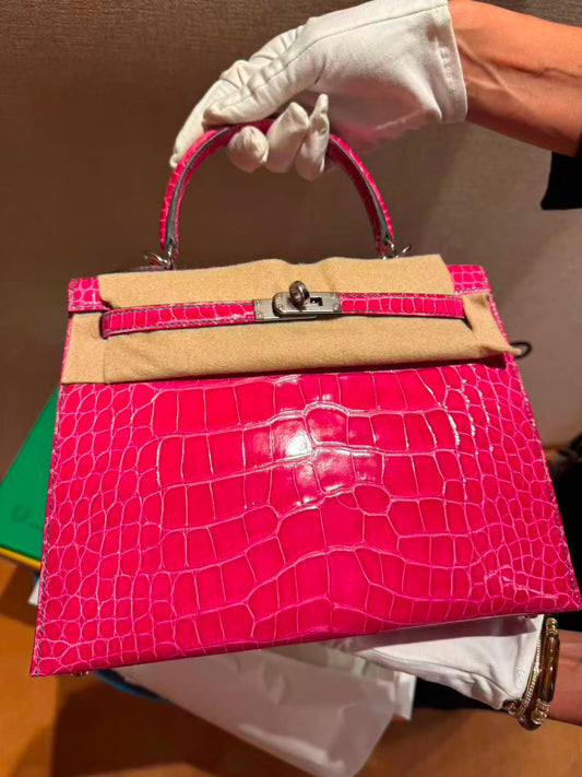 Hermes Kelly 25 Rose Mexico Shiny Alligator leather palladium hardware