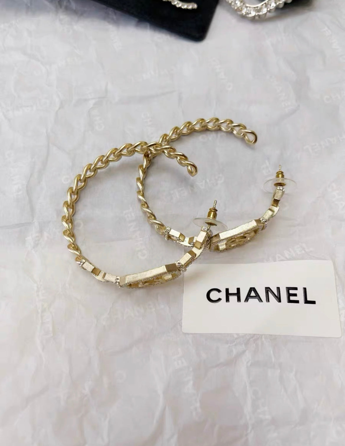 Chanel gold CC chain diamond hoop earrings